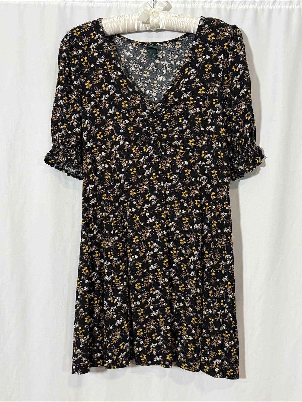 wild fable Black Floral V-Neck Mini Dress with Mustard and White Blooms